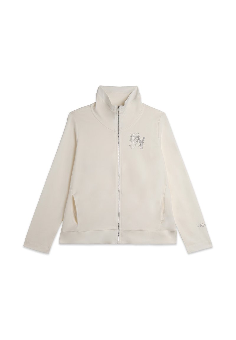 Giacca in pile con zip di colore avorio e colletto alto. Presenta un logo in strass sul lato sinistro e cuciture decorative sulle maniche.