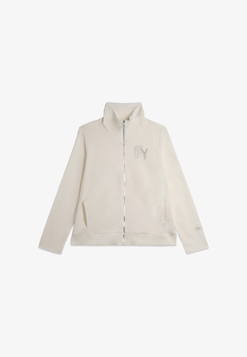 Giacca in pile con zip di colore avorio e colletto alto. Presenta un logo in strass sul lato sinistro e cuciture decorative sulle maniche.
