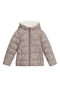 Kurtka puchowa w wzór geparda z miękką, fuzzową podszewką, zamek błyskawiczny z przodu oraz dwie boczne kieszenie. Posiada kaptur i pikowany design.