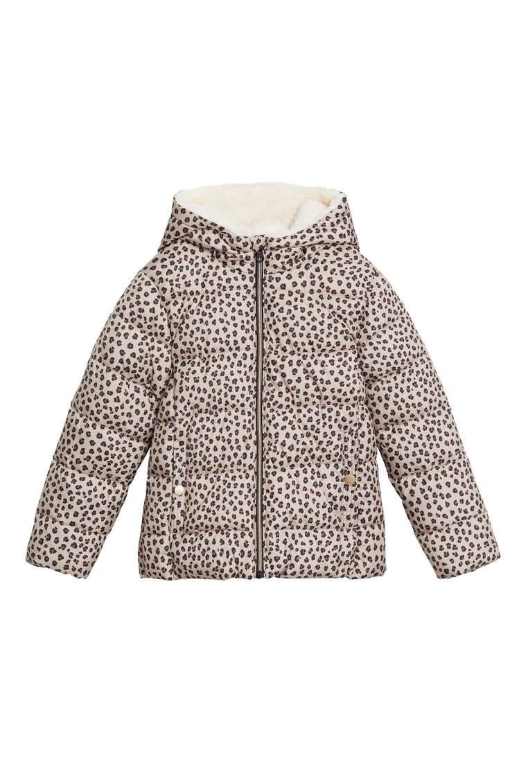 Kurtka puchowa w wzór geparda z miękką, fuzzową podszewką, zamek błyskawiczny z przodu oraz dwie boczne kieszenie. Posiada kaptur i pikowany design.
