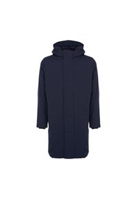 Cappotto lungo blu navy con cappuccio, realizzato in tessuto liscio. Presenta una linea dritta, chiusura con zip e un design minimalista senza motivi visibili.