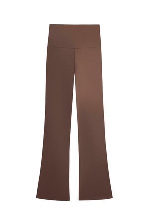 Brown high-waist flared pants with a wide waistband, smooth fabric, and no visible seams or pockets.
