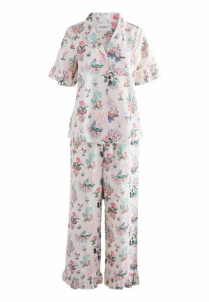 White pajama set with short-sleeve button-up top and wide-leg pants, decorated with colorful floral and animal illustrations, ruffled edges.