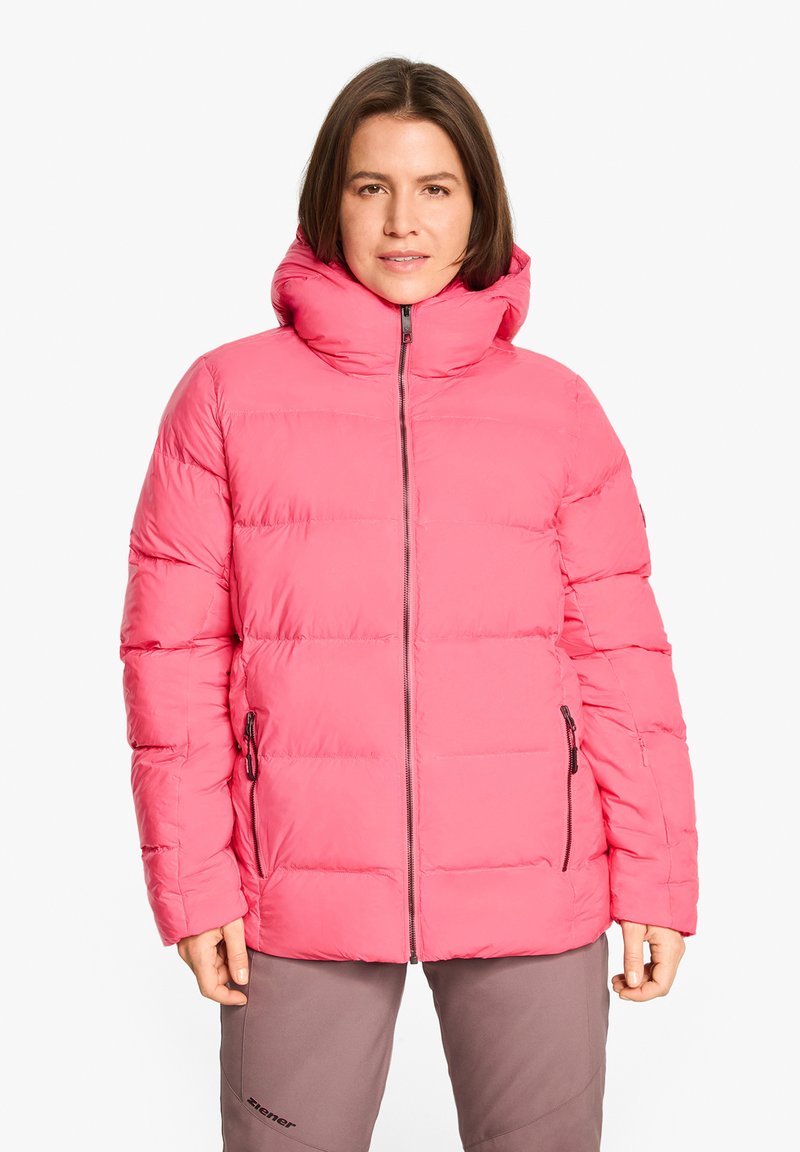 Rosa Puffjacke mit hohem Kragen und Kapuze. Verfügt über Reißverschlusstaschen und ein gestepptes Design. Hergestellt aus einem glatten, gepolsterten Material.