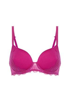 Soutien-gorge rembourré fuchsia avec dentelle, bretelles réglables et surface lisse. Design avec armature pour le soutien et la mise en forme.