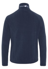 Navy blue fleece jacket featuring a high collar, long sleeves, and a logo embroidered on the back neck. Soft texture and streamlined design.