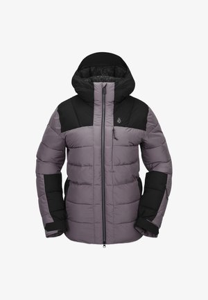 Puffet isoleret jakke med en lavendelfarvet krop og sorte accenter, frontlynlås, hætte og sidelommer med et elegant, quiltet design.