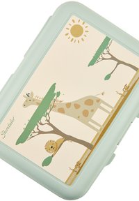 Brotdosendeckel mit einem Cartoon-Giraffe, die neben einem Baum steht, und einem schlafenden Löwen, der auf einem Baumast unter einer gelben Sonne ruht.