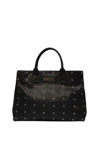 Zwarte leren tote bag met oogjesdetails. Beschikt over twee stevige handvatten en een gladde oppervlakte, geschikt voor verschillende gelegenheden.