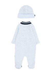 Jasnoniebieski, prążkowany kombinezon z długimi rękawami, z granatowym kołnierzykiem i dopasowaną czapką z mankietami. Miękka tekstura, praktyczny design dla niemowląt.