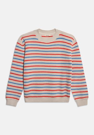 Pulover tricot bej cu dungi orizontale subțiri alternative roșii și albastre, guler rotund și manșete și margine finisate cu rețea.
