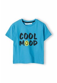 Mėlynas medvilninis marškinėlis su trumpomis rankovėmis, apvaliu iškirptu kaklu ir priekinės dalies spauda "COOL MOOD" su geltonu šypsena.