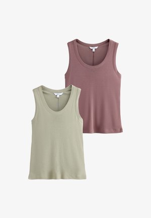 Zwei ärmellose Tanktops, eines hellbeige und eines staubrosa, mit rundem Ausschnitt, dargestellt auf weißem Hintergrund.