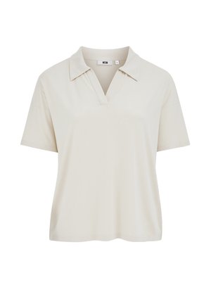 Gaismas bēša krāsas polo krekls ar īsām piedurknēm, mīksta faktūra, vienkāršs dizains ar v veida kaklu un pogu sēriju. Bez rakstiem un akcentiem.
