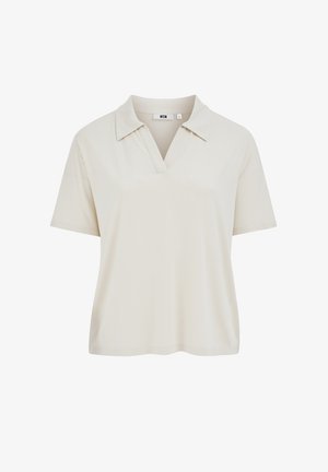 Gaismas bēša krāsas polo krekls ar īsām piedurknēm, mīksta faktūra, vienkāršs dizains ar v veida kaklu un pogu sēriju. Bez rakstiem un akcentiem.