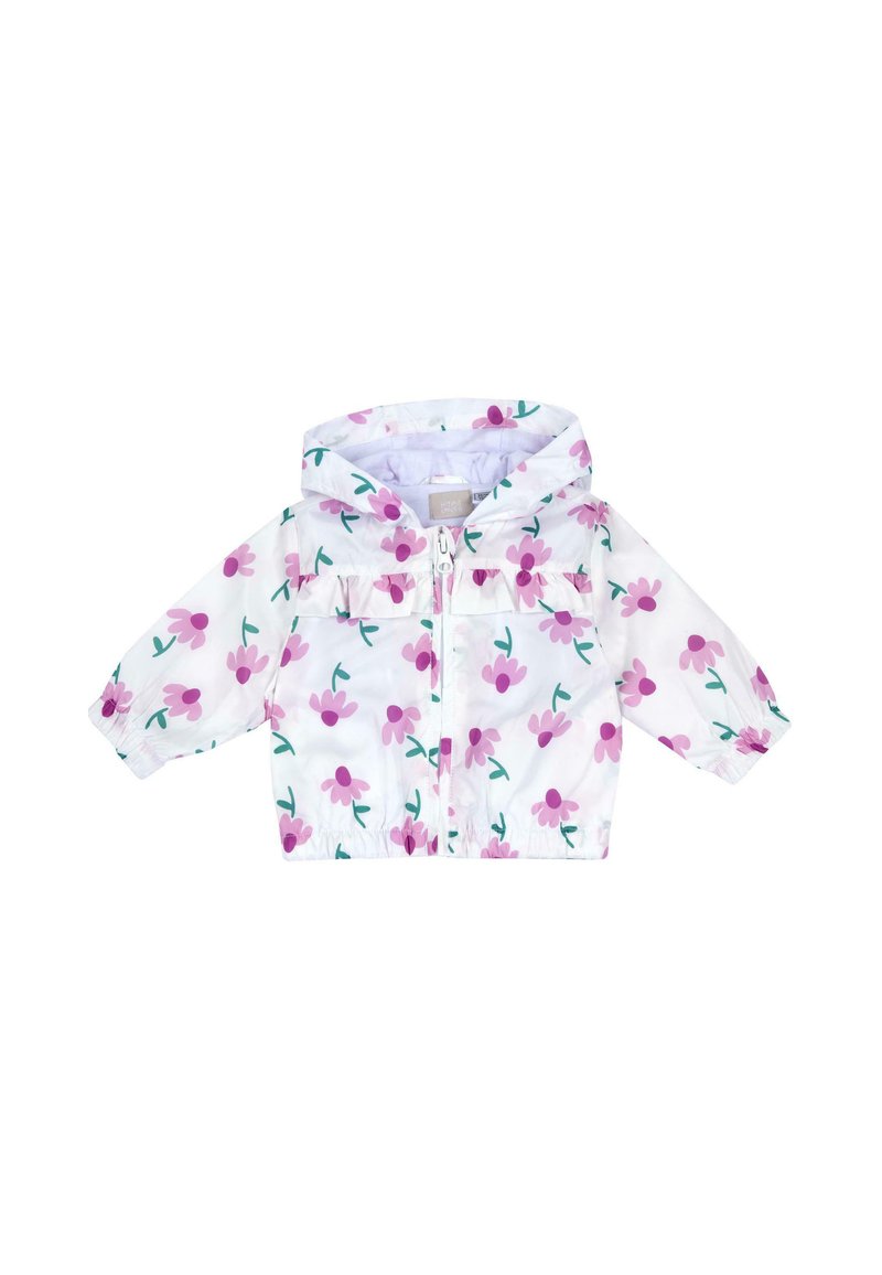 Giacca bianca a maniche lunghe per bambini con stampa floreale rosa, polsini elasticizzati e cappuccio. Presenta una zip frontale e un dettaglio arricciato sul davanti.