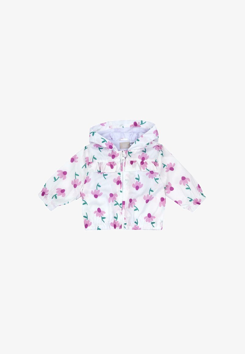Veste blanche à manches longues pour enfants avec imprimé floral rose, poignets élastiques et capuche. Comprend une fermeture éclair à l'avant et un détail volanté à l'avant.