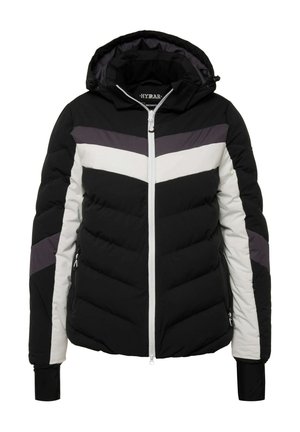 Černá a bílá péřová bunda s kapucí, se vzorem chevron, zipovým uzávěrem a elastickými manžetami. Obsahuje dvě boční kapsy.