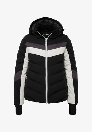 Czarna i biała kurtka puchowa z kapturem, z wzorem chevron, zapinana na zamek, z elastycznymi mankietami. Zawiera dwie boczne kieszenie.