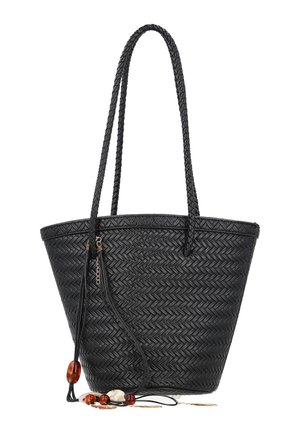 Zwart geweven draagtas met twee lange gevlochten handvatten en decoratieve kwastjes met amberkleurige en witte kralen met gouden accenten.