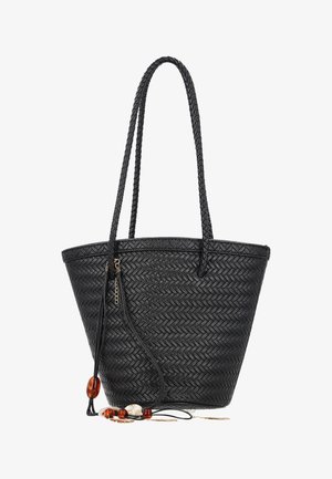 Fekete szövött bevásárlótáska két hosszú fonott fogóval és díszes bojttal, amely borostyán sárga és fehér gyöngyöket arany díszítéssel tartalmaz.