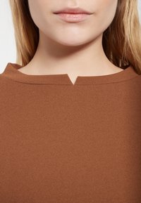 Brun tröja med en V-formad notch vid kragen, som har en slät textur och något upphöjd halsringning.