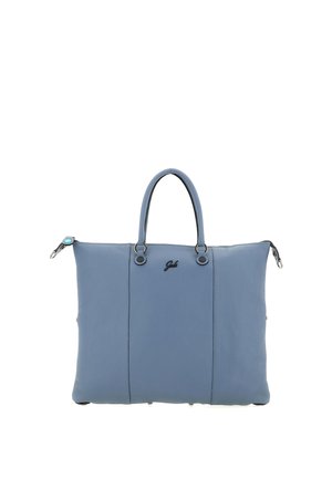 Borsa tote in pelle morbida blu con due manici, componenti metallici e un piccolo logo nero al centro davanti.