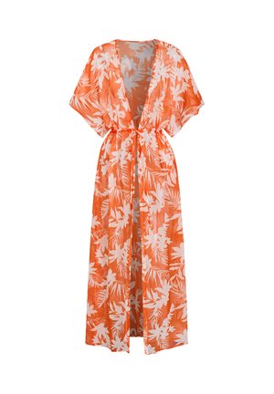 Kimono transparente naranja con estampado de follaje blanco, presenta mangas anchas, un escote en V profundo y una cintura ceñida. Diseño ligero y fluido.