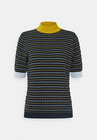 Marinblå och gulrandig kortärmad polotröja med ljusblå detaljer. Ribbad textur och åtsittande siluett.