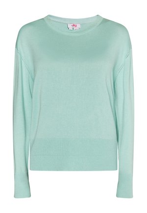 Suéter verde menta claro hecho de material de punto suave. Presenta un cuello redondo, mangas largas y puños y dobladillo acanalados, con detalles de costura sutiles.