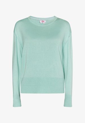 Jasno miętowy sweter wykonany z miękkiego dzianiny. Posiada okrągły dekolt, długie rękawy oraz prążkowane mankiety i dół, z subtelnymi detalami przeszycia.