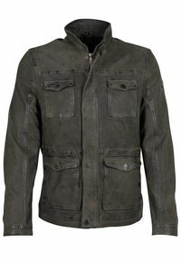 Dunkelgraue Lederjacke mit Reißverschluss, hohem Kragen und vier Taschen. Mit sichtbaren Nähten und einer glatten, leicht glänzenden Textur.