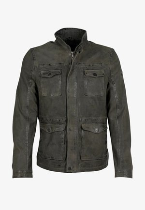 Leren jack in donkergrijs met een rits aan de voorkant, hoge kraag en vier zakken. Kenmerkt zichtbare stiksels en een gladde, licht glanzende textuur.