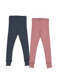 Due pantaloni leggings: uno blu scuro e uno rosa morbido. Entrambi sono realizzati in tessuto liscio con orli arricciati alle caviglie.