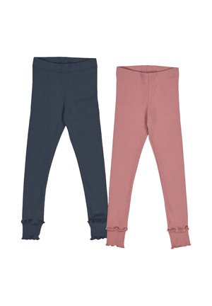 Deux paires de leggings : une bleu marine et une rose pâle. Les deux sont en tissu lisse avec des ourlets froncés aux chevilles.