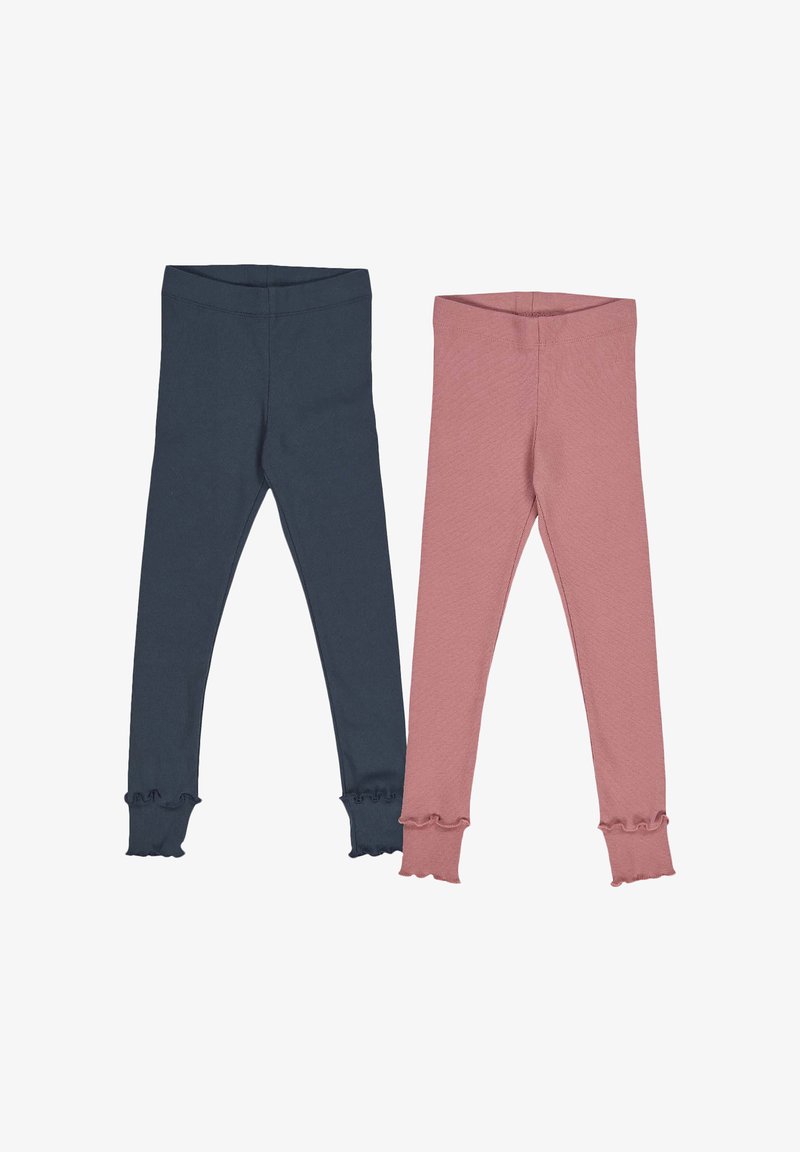 Two pairs of leggings: one dark blue and one soft pink. Both are made of smooth fabric with ruffled hems at the ankles.