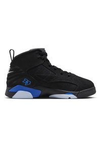 Chaussure de sport montante noire avec des accents bleus et gris sur la semelle et le numéro « 23 » près du talon, présentée sur fond blanc.