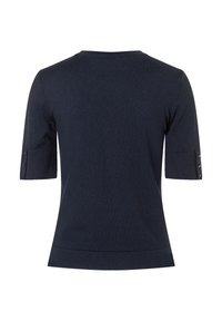 Dunkelblaues kurzärmeliges Strickoberteil mit Rundhalsausschnitt und drei Knöpfen an jedem Ärmelsaum, von hinten gezeigt.