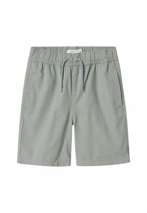 Shorts vert clair en tissu avec une taille élastique, un cordon de serrage ajustable et deux poches latérales. Texture lisse, design décontracté.