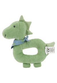 Soft green dragon plush toy with a ribbed texture, featuring a blue scarf and small black eyes. The body has an open space in the middle.