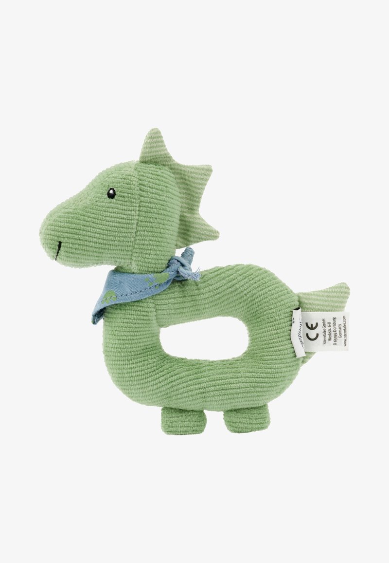 Soft green dragon plush toy with a ribbed texture, featuring a blue scarf and small black eyes. The body has an open space in the middle.