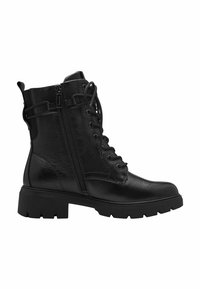 Black leather lace-up ankle boot with a chunky sole, side zipper, and padded collar. Features a textured finish and durable hardware accents.