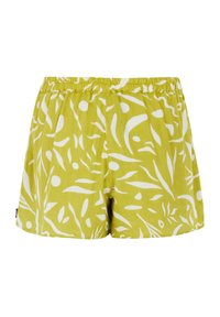 Pantaloni corti verde lime con un motivo astratto bianco, dotati di una fascia elastica in vita e una vestibilità rilassata e ampia. Tessuto leggero.