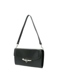 Sac à main en cuir noir avec un design structuré, fermeture à rabat, quincaillerie en argent et une bandoulière réglable. Texture lisse, style minimaliste.