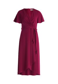 Fuchsia Wickelkleid mit kurzen, schwingenden Ärmeln, einem tiefen V-Ausschnitt und einem gebundenen Taillenband, das einen fließenden asymmetrischen Saum besitzt.