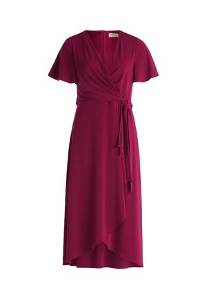 Fuchsia wikkeljurk met korte fladdermouwen, een diepe V-hals en een striktaille, met een vloeiende asymmetrische onderkant.