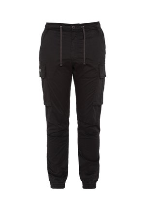 Pantalons cargo noirs en tissu durable, dotés d'une taille élastique avec cordons de serrage, de poches latérales et de poignets élastiques aux chevilles.