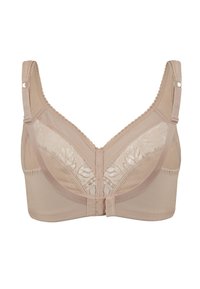 Beżowy biustonosz z kwiatową koronką i miękkim materiałem. Posiada regulowane ramiączka, zapięcie na haftki oraz falbankowe wykończenie na brzegach.