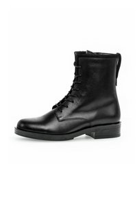 Black leather lace-up ankle boots with a rounded toe, smooth texture, and a low stacked heel. Features a pull tab at the back.