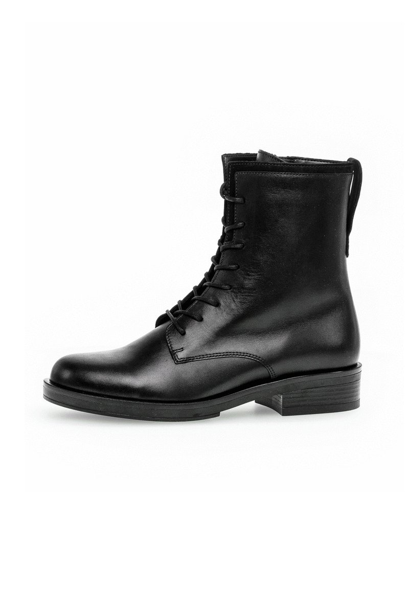 Black leather lace-up ankle boots with a rounded toe, smooth texture, and a low stacked heel. Features a pull tab at the back.